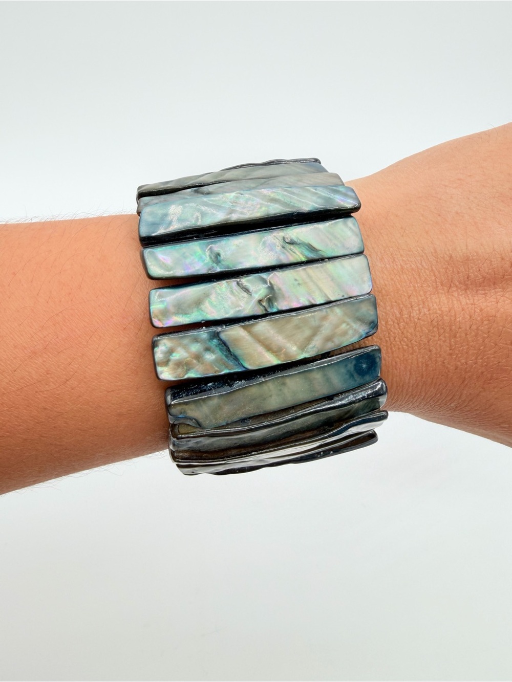 Wide Abalone Shell Stretch Cuff Bracelet Iridescent Statement